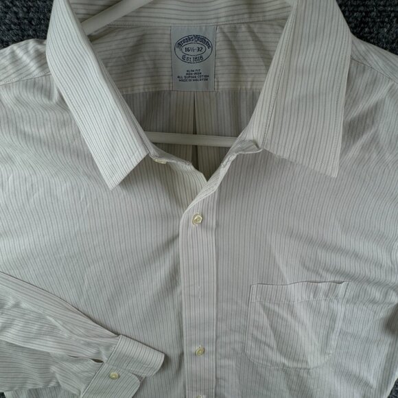 Brooks Brothers 16.5 32 Striped Ivory Gray Slim Fit Point Non Iron Button Up - Picture 1 of 16